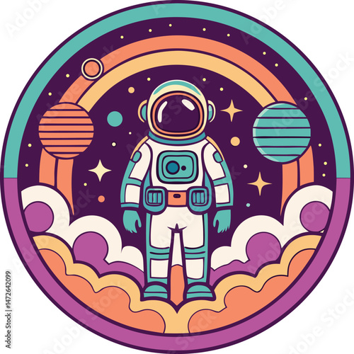 Astronaut stands amidst colorful planets and stars in space, set against a transparent backdrop