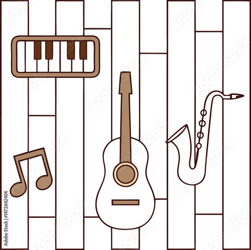 Brown bordered drawing shows a keyboard, guitar, saxophone, and music note, all isolated