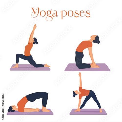 Yoga poses. Collection of flat vector illustrations of a woman performing various yoga poses, including Low Lunge, Camel, Bridge, and Triangle. Female character practicing yoga on a mat. Ideal for wel