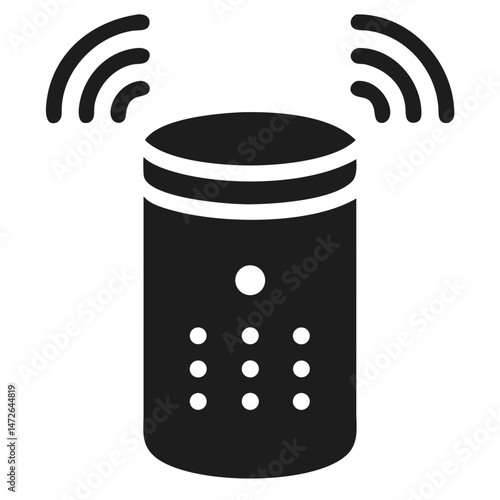 Black silhouette of a smart speaker with wave icon suggesting ai voice assistant functionality