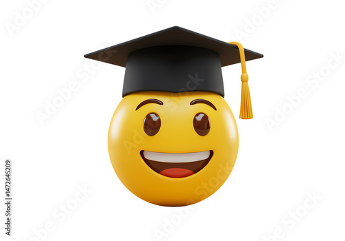 Happy Graduation Emoji 3D Render Graduation Cap Smiley Face Success Achievement Education isolated on transparent background