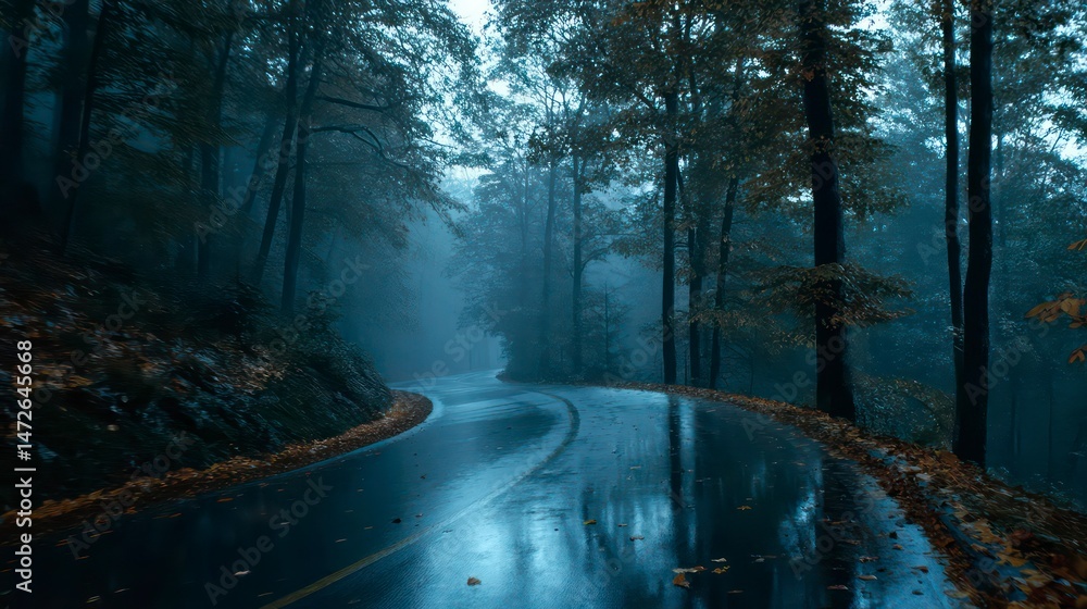 Obraz premium Mysterious Forest Road Curving Through Foggy Trees After Rainfall