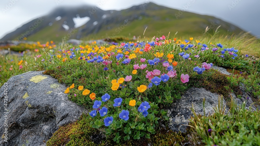 Obraz premium Colorful wildflowers flourish on a rocky mountainside.
