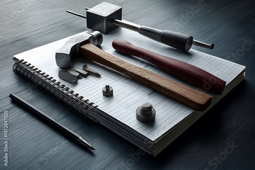Tools and materials arranged on graph paper, evoking craftsmanship and project planning.
