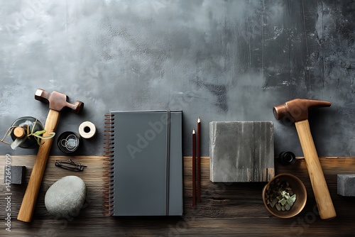 Dark Minimalist Workspace: Hammers, Notebook, Pencils and Stones on Wooden Desk