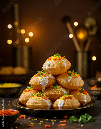 Indian Street Food Pani Puri with Blurred Lights