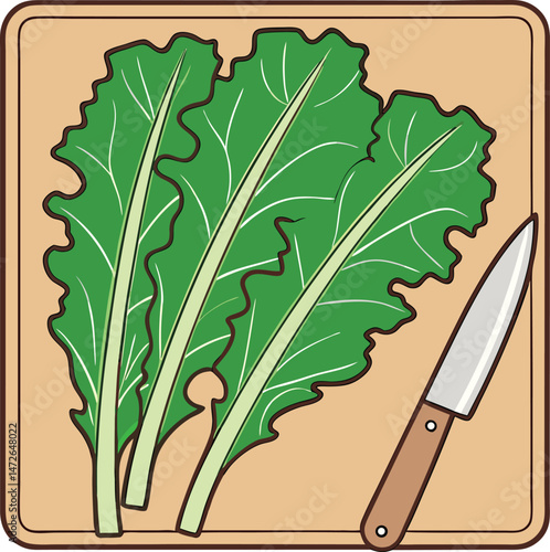 Fresh leafy greens and a knife rest on a brown cutting board ready for prep