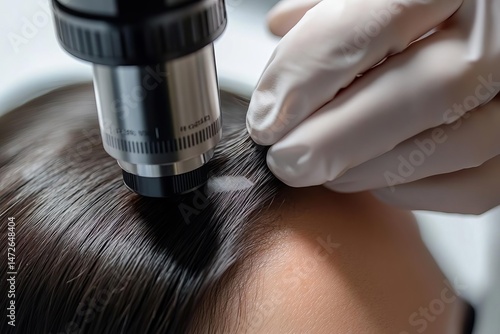 Close-up of scalp examination with a dermatoscope, gloved hand adjusting device on patient's head, focusing on hair and skin.