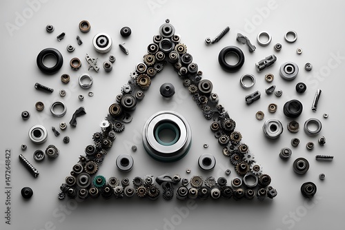 Intricate Triangle Composition of Mechanical Gears and Parts on White Background