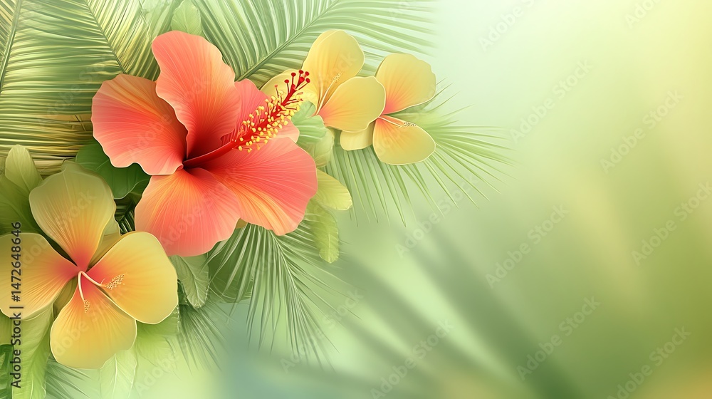 Obraz premium Tropical Hibiscus Flowers with Green Leaves. (1)
