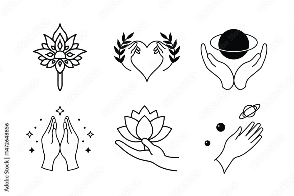 Fototapeta premium Sacred Feminine Hands with Line Art Moon Phases in Boho Aesthetic