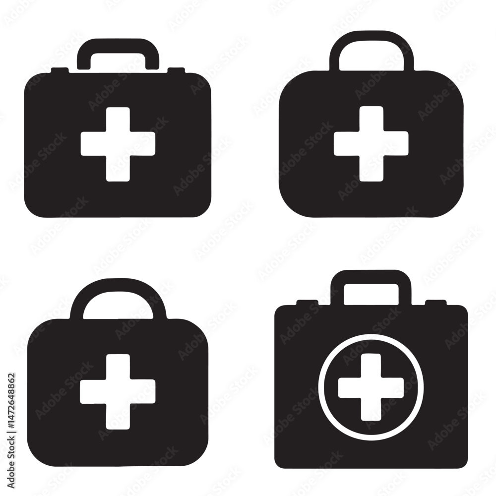 Obraz premium First Aid Kit Silhouettes – Medical Emergency Box Icons in Four Distinct Styles
