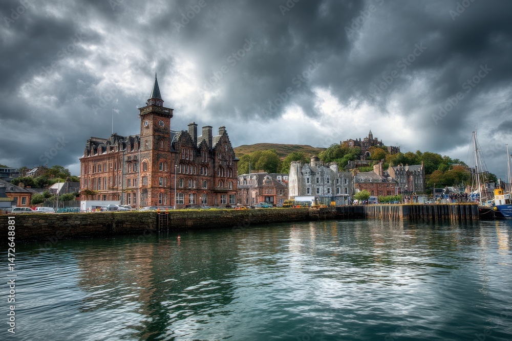 Fototapeta premium Architectural Beauty of Oban: A Scenic Port Embracing Island and Sea Views in Scotland