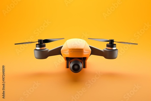 Frontal view of an orange and gray drone with a camera lens, centered on an orange background.