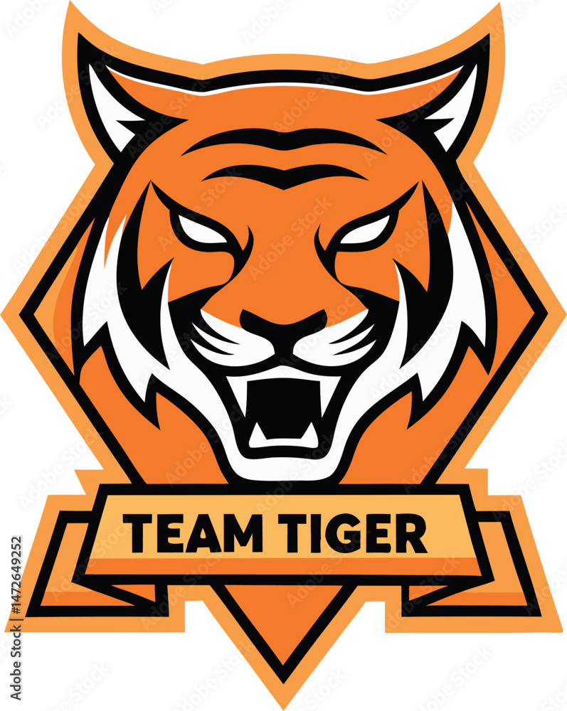 Obraz premium Fierce tiger head logo design with shield emblem and ribbon banner for professional team branding