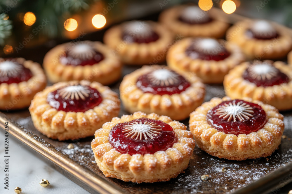 A tray of mini Christmas cookies with raspberry jam. A tray of mini Christmas cookies with raspberry jam.
