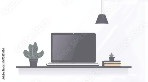 Modern Workspace with Laptop Plant Books and Lamp for Home Office and Study Design Art