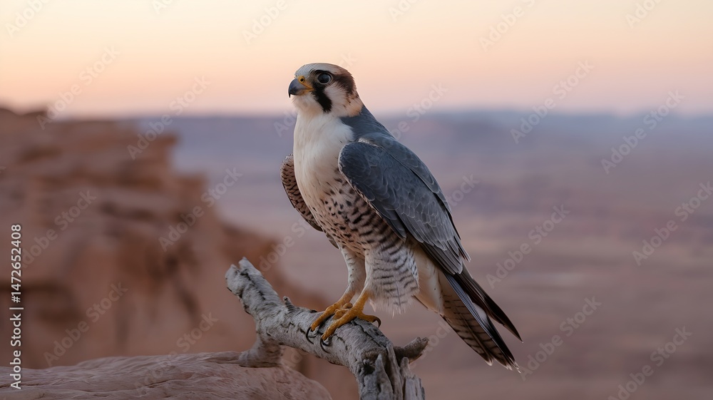 Fototapeta premium A majestic falcon perched on a branch against a blurred natural background. The falcon's feathers exhibit a blend of colors, its gaze is focused.