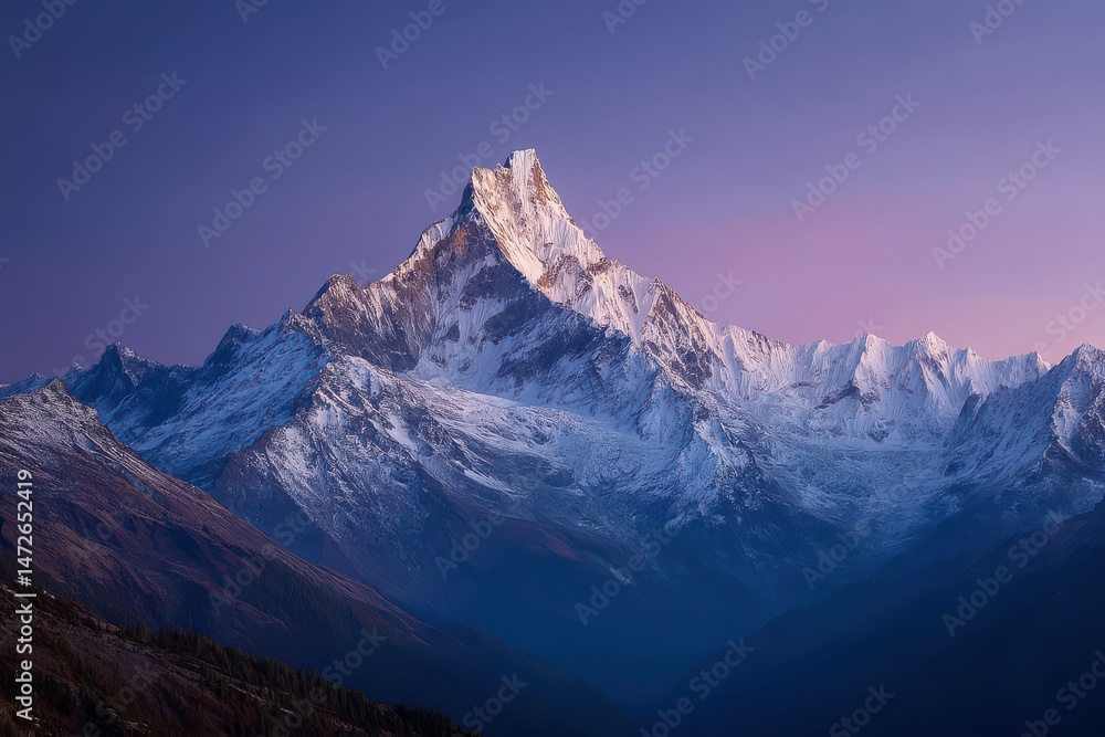 Fototapeta premium Snowy mountain peak at dawn with a soft pink sky