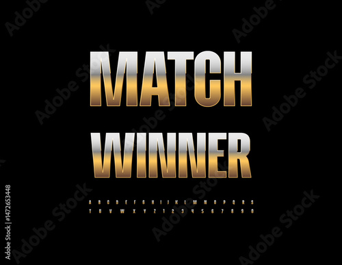 Vector Golden Emblem Match Winner. Shiny Metallic Font. Luxury Digital Alphabet Letters and Numbers