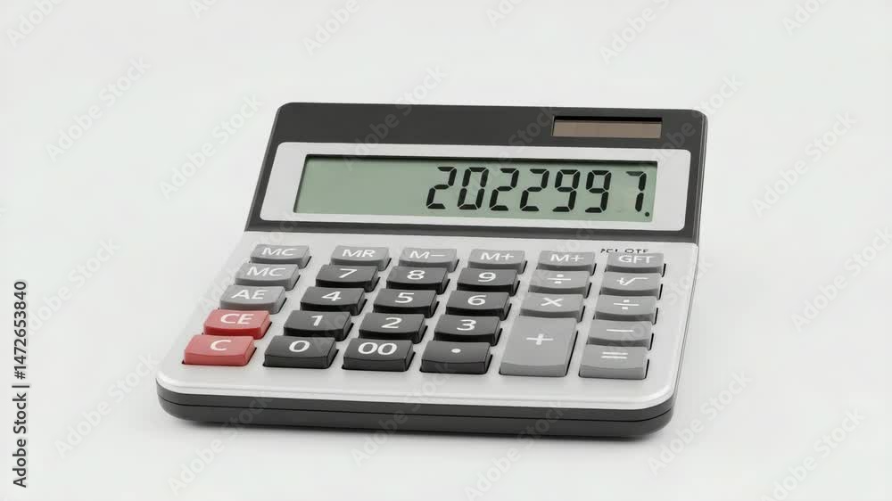 Calculator Displaying 2022993 - A close-up shot of a desk calculator with the number 2022993 displayed on the screen. The calculator is silver and black, sitting on a white background. Calculator Displaying 2022993 - A close-up shot of a desk calculator with the number 2022993 displayed on the screen. The calculator is silver and black, sitting on a white background.
