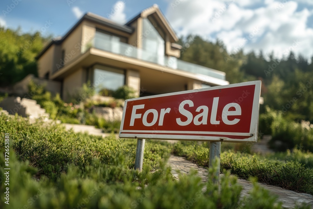 Modern house with for sale sign in scenic neighborhood surrounded by greenery Modern house with for sale sign in scenic neighborhood surrounded by greenery