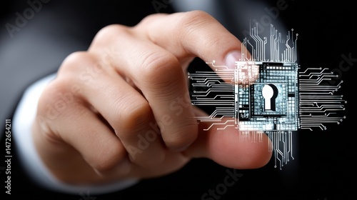A hand delicately manipulates a glowing digital lock interface, symbolizing modern security and technology innovation.