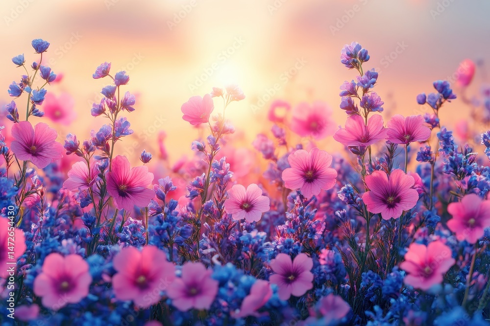 Naklejka premium Vibrant wildflower field at sunset with pink and blue blossoms illuminated by warm sunlight