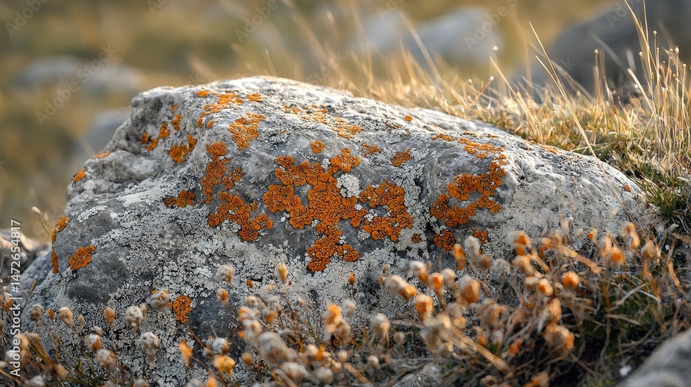 Close-up view of a weathered rock with orange lichen. Close-up view of a weathered rock with orange lichen.