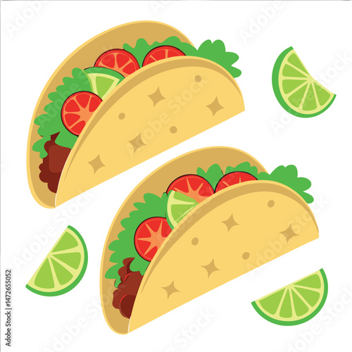 Two vibrant tacos filled with meat, lettuce, and tomatoes sit near lime wedges