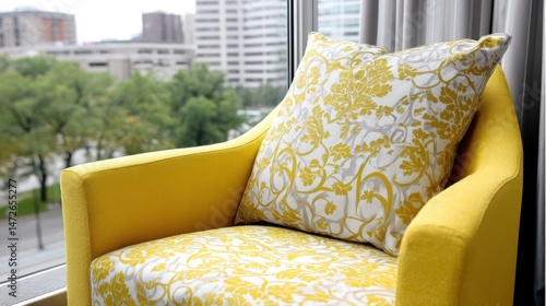 Bright yellow chair with floral accent pillow near a window, overlooking a cityscape.