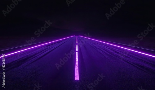 Empty highway bathed in vibrant purple light