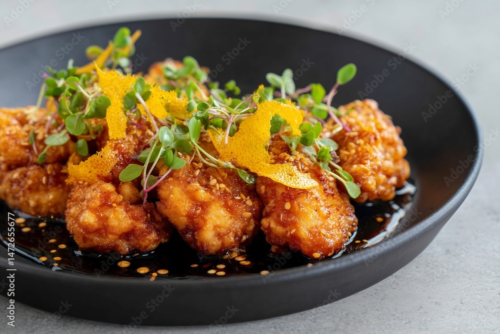 Asian-Style Glazed Chicken Bites with Microgreens and Citrus Zest Garnish Asian-Style Glazed Chicken Bites with Microgreens and Citrus Zest Garnish