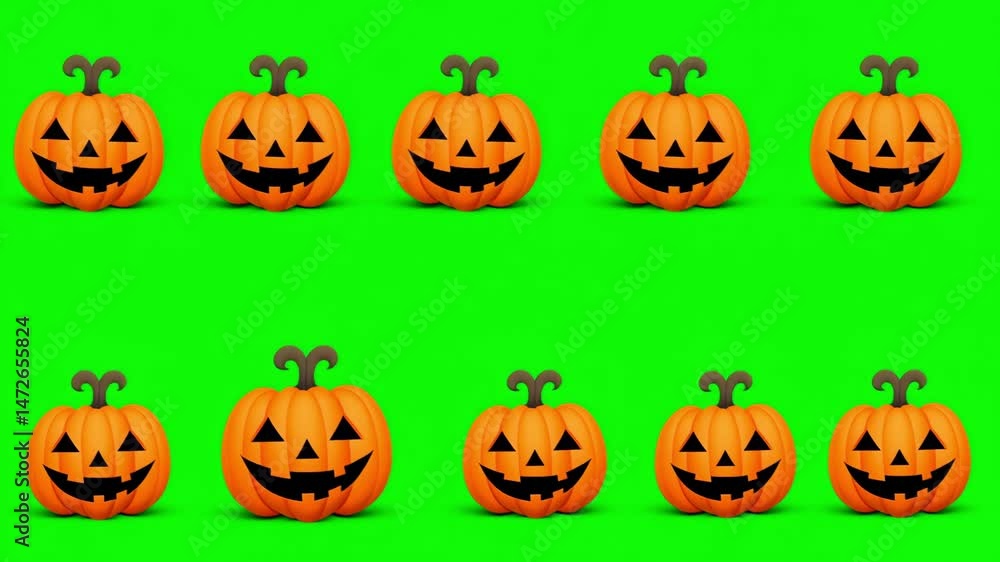 Jack O' Lanterns animation on green screen background. Illuminated carved spooky Halloween pumpkins 3d animation zoom in to scene transition on green screen and alpha channel in the end section. Cute Jack O' Lanterns animation on green screen background. Illuminated carved spooky Halloween pumpkins 3d animation zoom in to scene transition on green screen and alpha channel in the end section. Cute