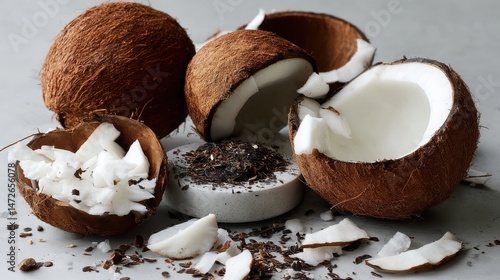 A delightful spread of halved coconuts and shredded coconut atop a stone surface, highlighting tropical freshness and natural textures.