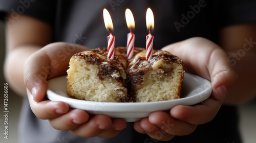 A small birthday cake with lit candles rests in nurturing hands, capturing a heartfelt moment of celebration and warmth in an intimate gathering.