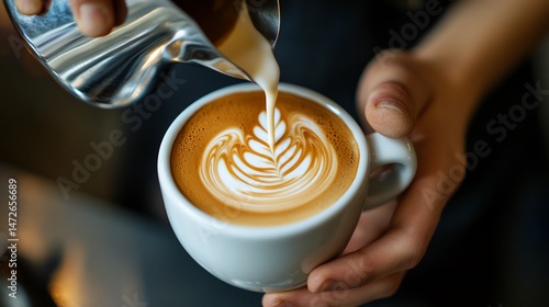 Latte art being poured.  Expertly crafted coffee beverage