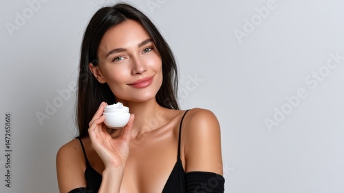 A young woman poses confidently with a can of lotion against a soft background, embodying elegance and skincare.