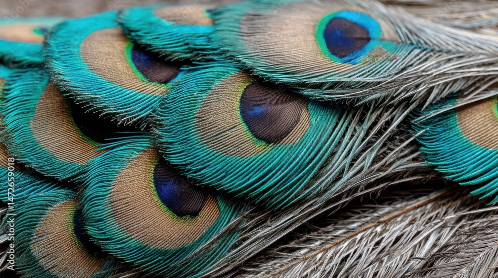 Fototapeta premium Close-up of vibrant, colorful peacock feathers showcasing intricate patterns and striking iridescence.
