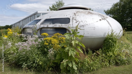 A metallic, saucer-shaped UFO structure nestled among lush greenery, blending technology with nature in a scenic outdoor setting.