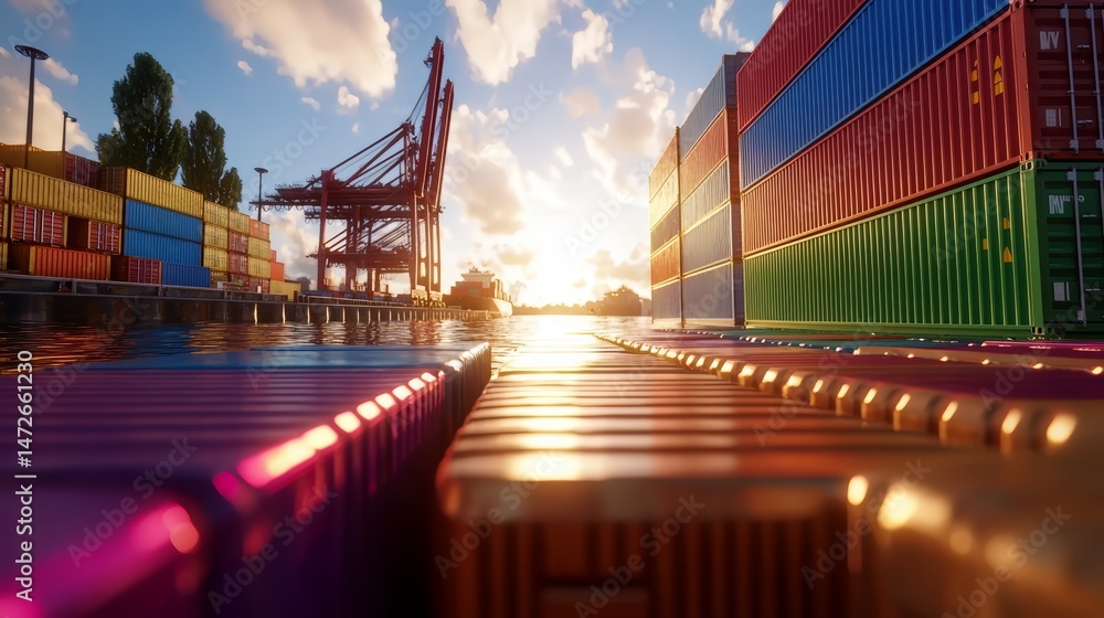 Obraz premium Colorful image of a harbor with a large number of containers. Scene is lively and bustling, with the sun shining brightly on the water and the containers
