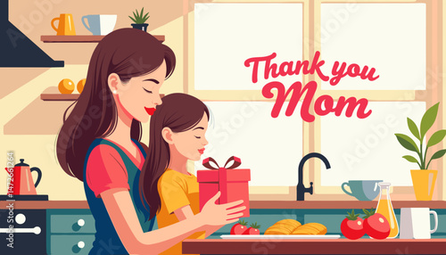 Mother receiving gift from daughter in bright kitchen, Mother's Day joy