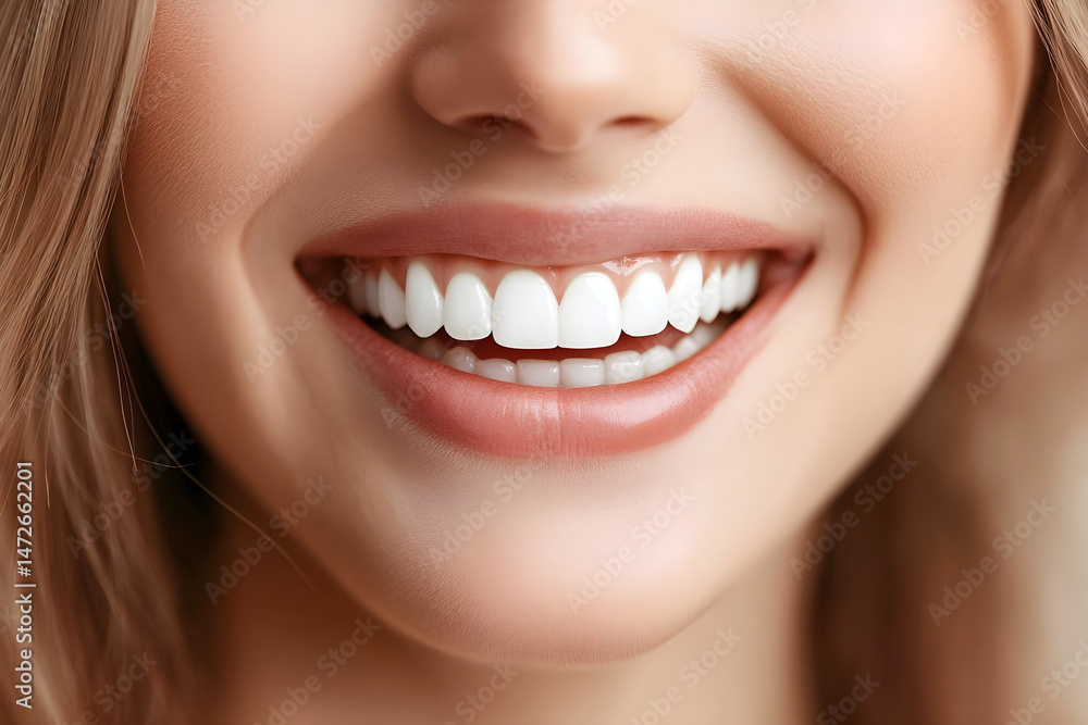 Fototapeta premium Close-up of a bright white smile with straight teeth and natural lips. Close-up