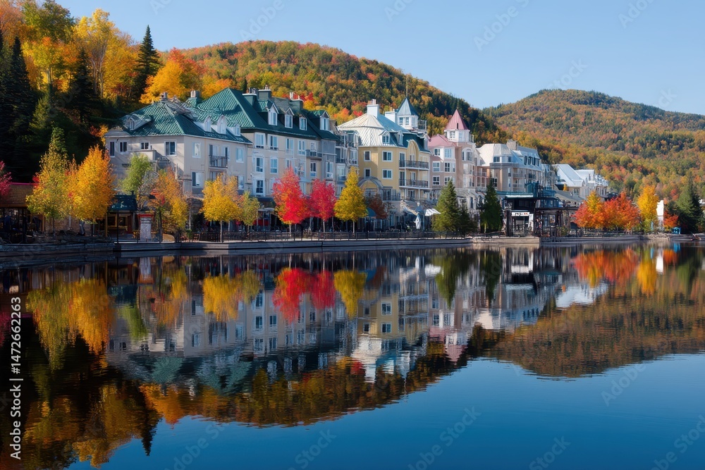 Obraz premium Majestic Mont Tremblant: Autumn Reflections of Colourful Forests and Islands on the Serene Lake in Quebec, Canada