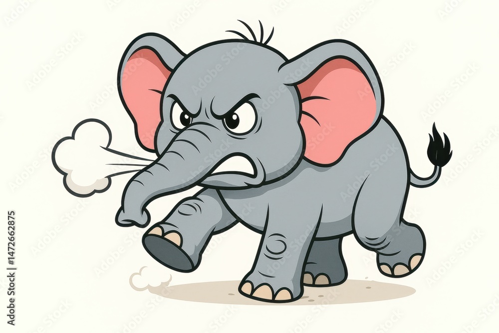 Naklejka premium A cartoon elephant with an angry expression, stomping its feet and puffing out air from its trunk