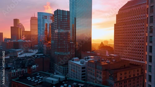 Orange light of setting sun reflects on the facades of mirror towers. Dusk time in modern Boston, Massachusetts, USA. Aerial view.