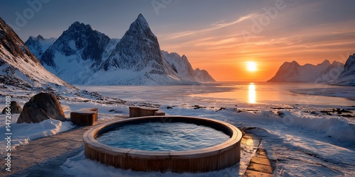 Snowy mountain hot tub sunrise scene