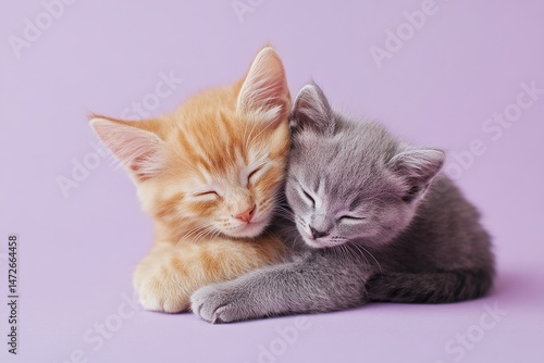 Kitten and cat sleeping together with closed eyes on pastel background. Adorable friendship and love concept with fluffy pets.
