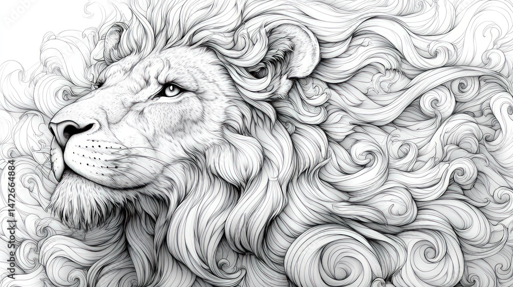 Majestic lion head, stylized with flowing mane. Intricate line art, black and white Majestic lion head, stylized with flowing mane. Intricate line art, black and white