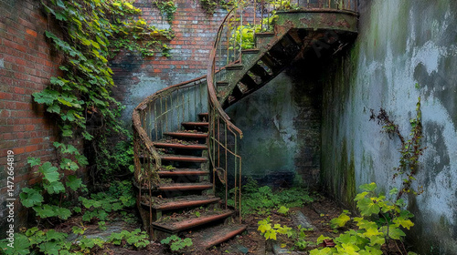 Urban Ruins with Spiral Staircase and Overgrowth photo